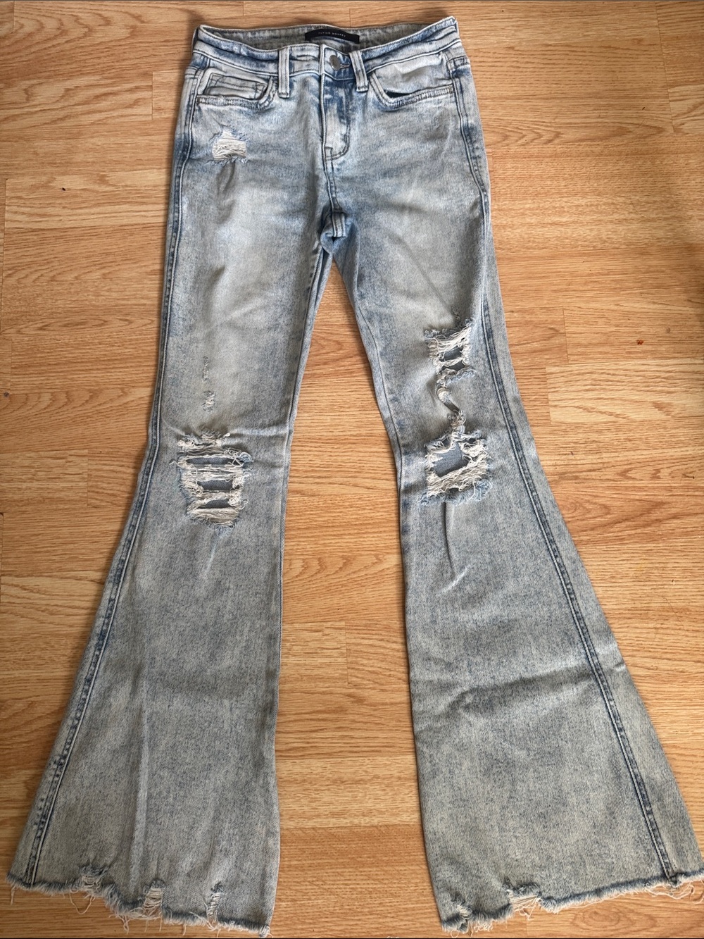 Flying Monkey Faded Light Blue Distressed Flare Jeans